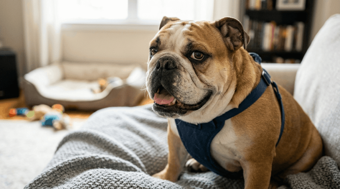 Bulldog with brachycephalic syndrome affecting breathing and airway