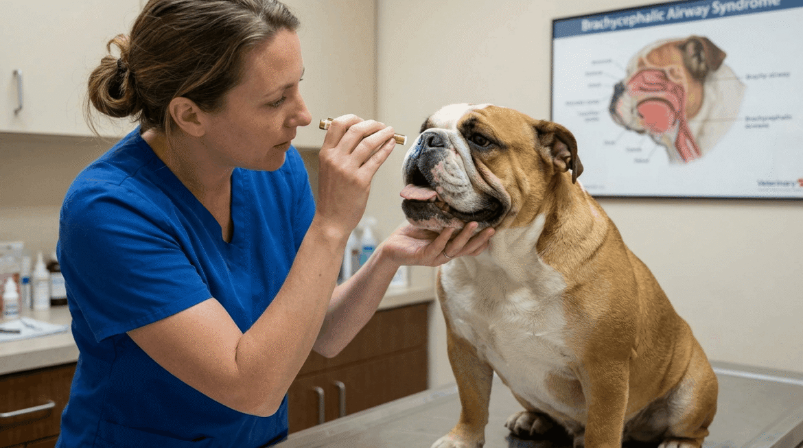 Bulldog experiencing breathing difficulties due to brachycephalic issues