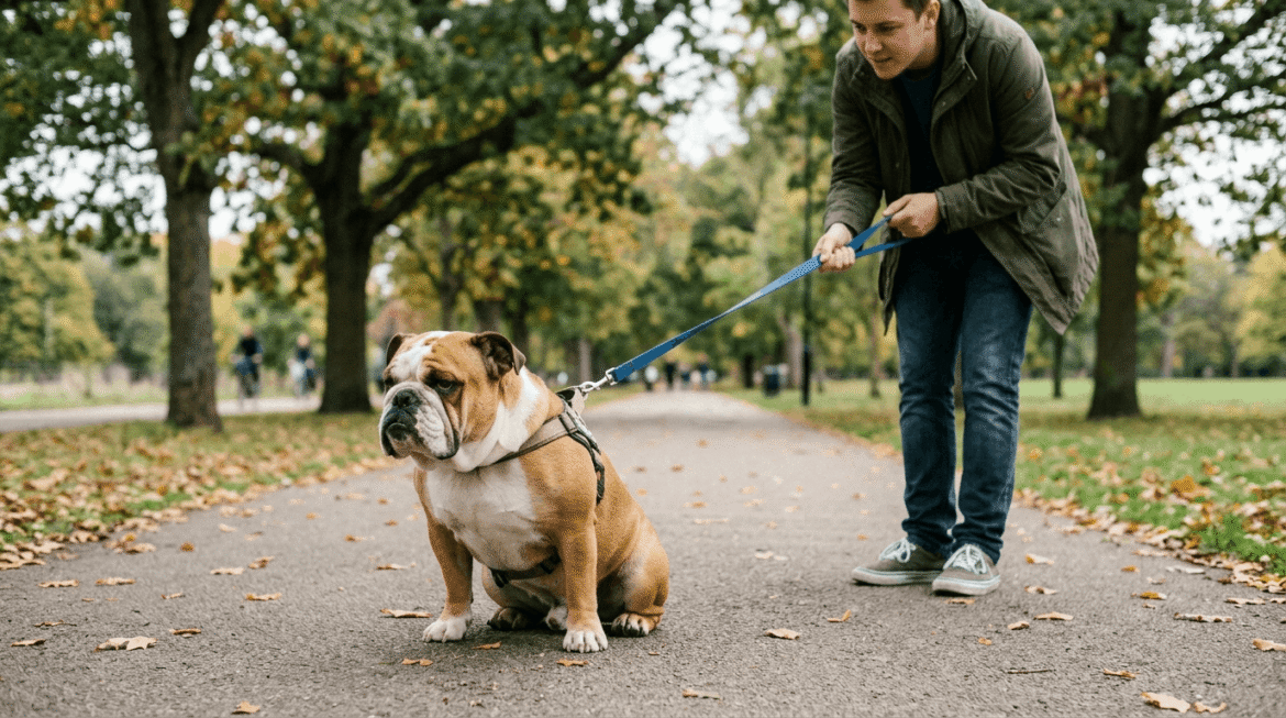 Bulldog displaying stubborn temperament and resistant behavior