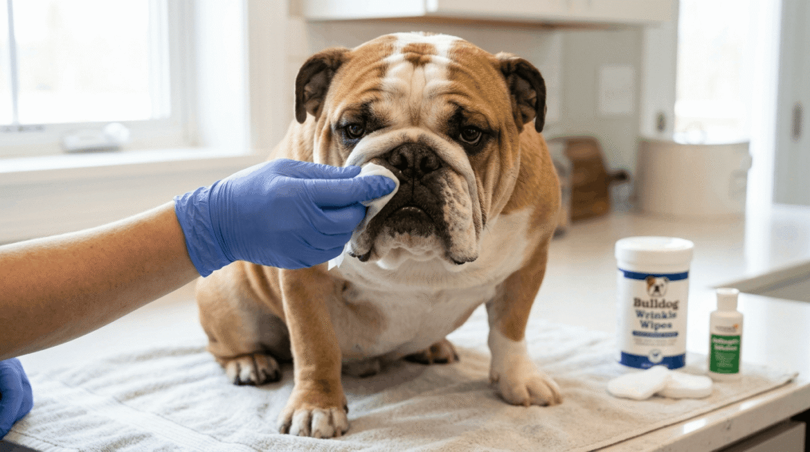 Daily routine of cleaning bulldog facial wrinkles for hygiene