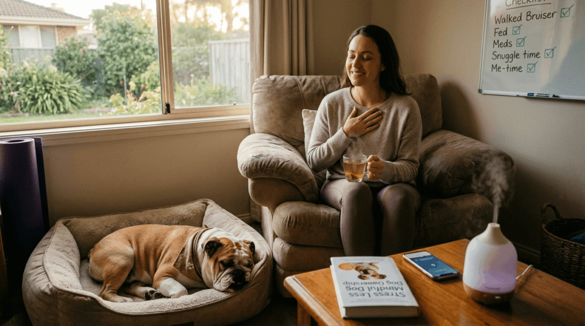 Owner managing stress and challenges of caring for bulldog
