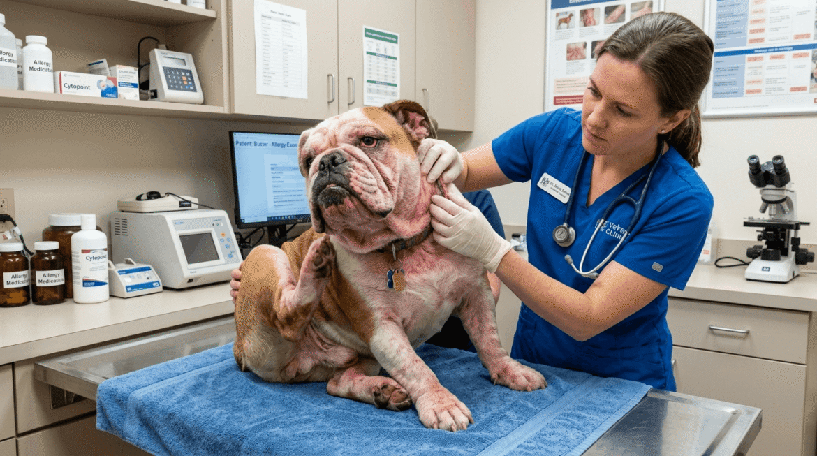 Bulldog allergy symptoms showing signs of allergies including itching, scratching, and irritated skin with veterinary examination