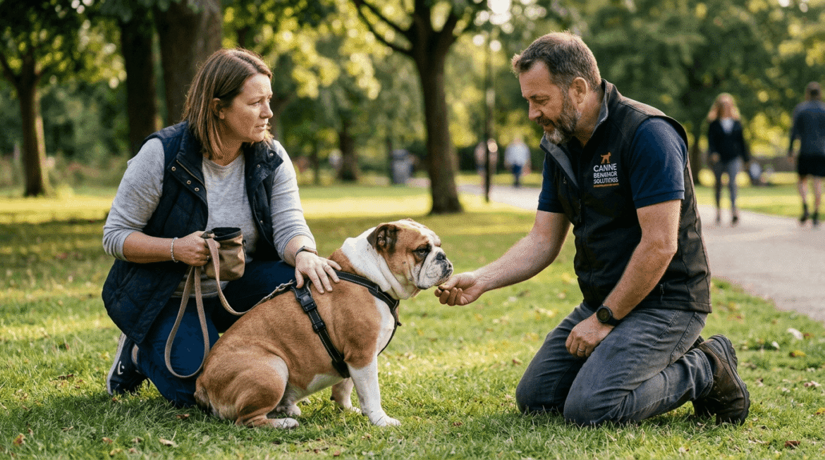 Bulldog behavior problems showing training session with owner addressing stubbornness and behavior modification