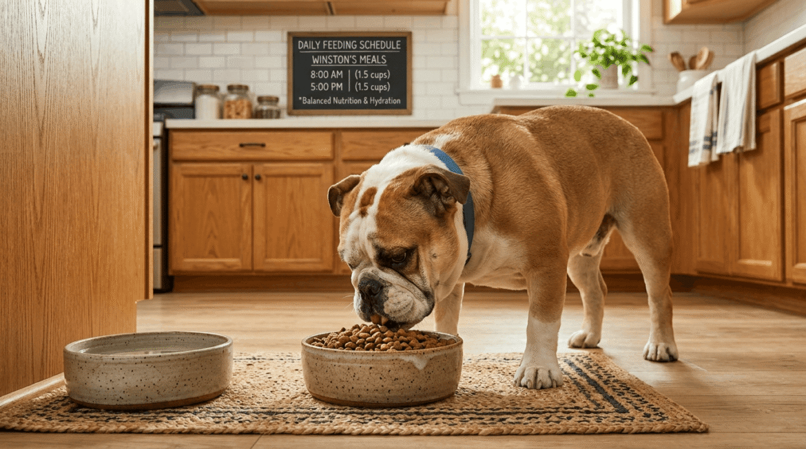 Bulldog daily diet showing proper nutrition with portion-controlled healthy food and feeding schedule