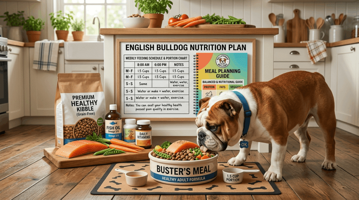 Bulldog nutrition plan featuring balanced diet with portion control and meal planning guide