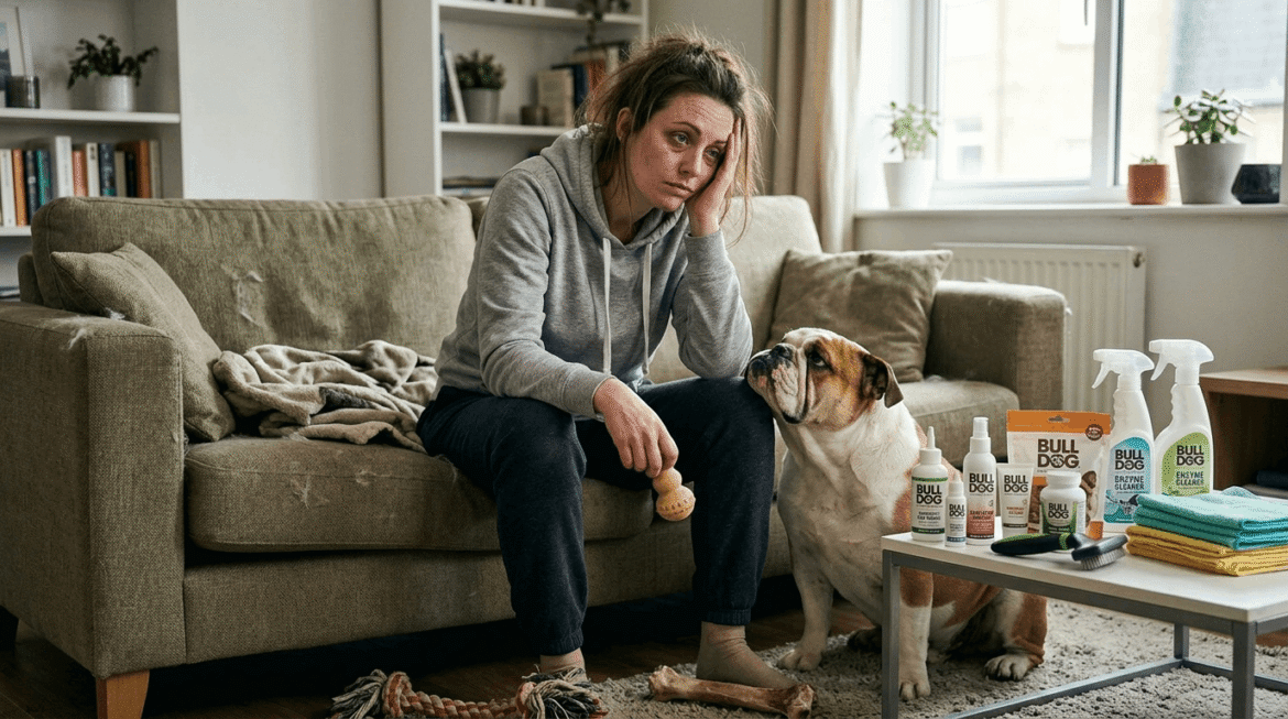 Bulldog owner burnout showing exhausted caregiver managing high-maintenance breed care demands