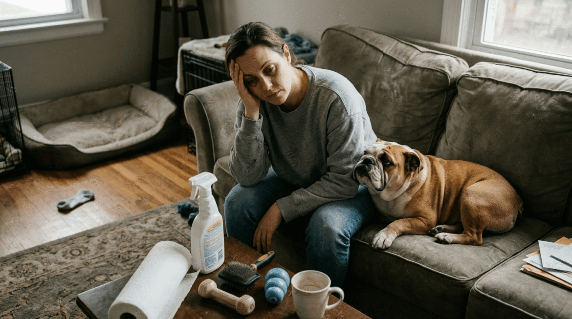 Bulldog owner burnout showing exhausted caregiver managing high-maintenance breed care demands