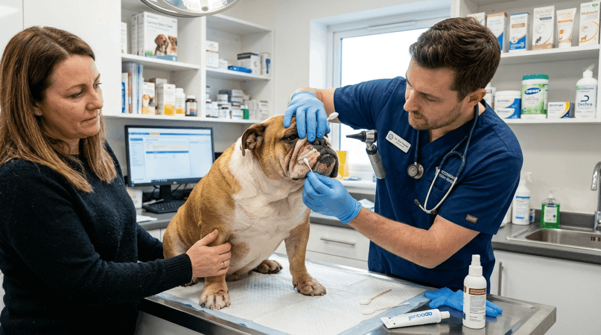 Bulldog skin problems showing veterinary examination and skin care treatment