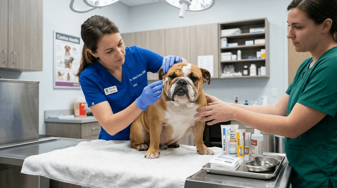 Bulldog wrinkle infections showing veterinary examination and treatment products for skin fold care