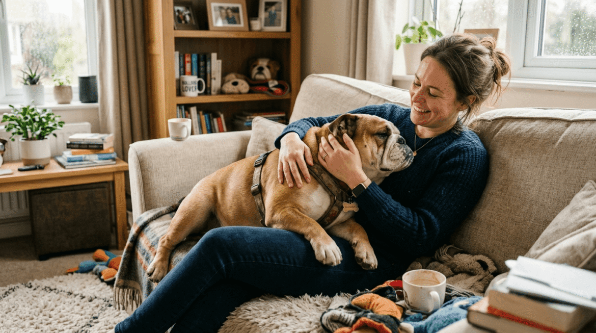 Bulldog owner stress relief showing relaxation techniques and coping strategies for managing demanding breed care.