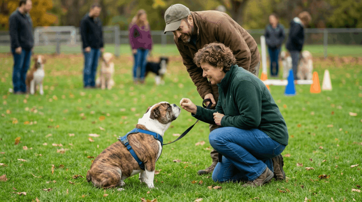 Bulldog obedience training showing training session with commands and positive reinforcement