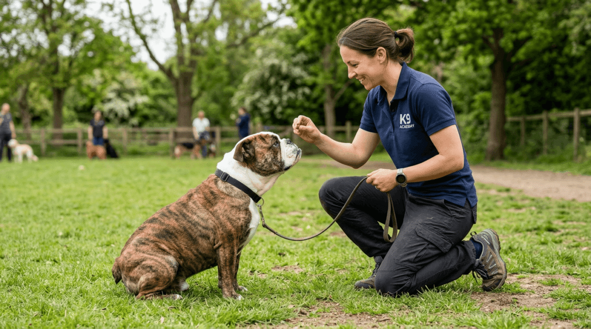 Bulldog obedience training showing training session with commands and positive reinforcement