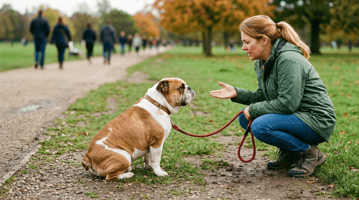 Bulldog refusing commands showing stubborn behavior and training challenges.