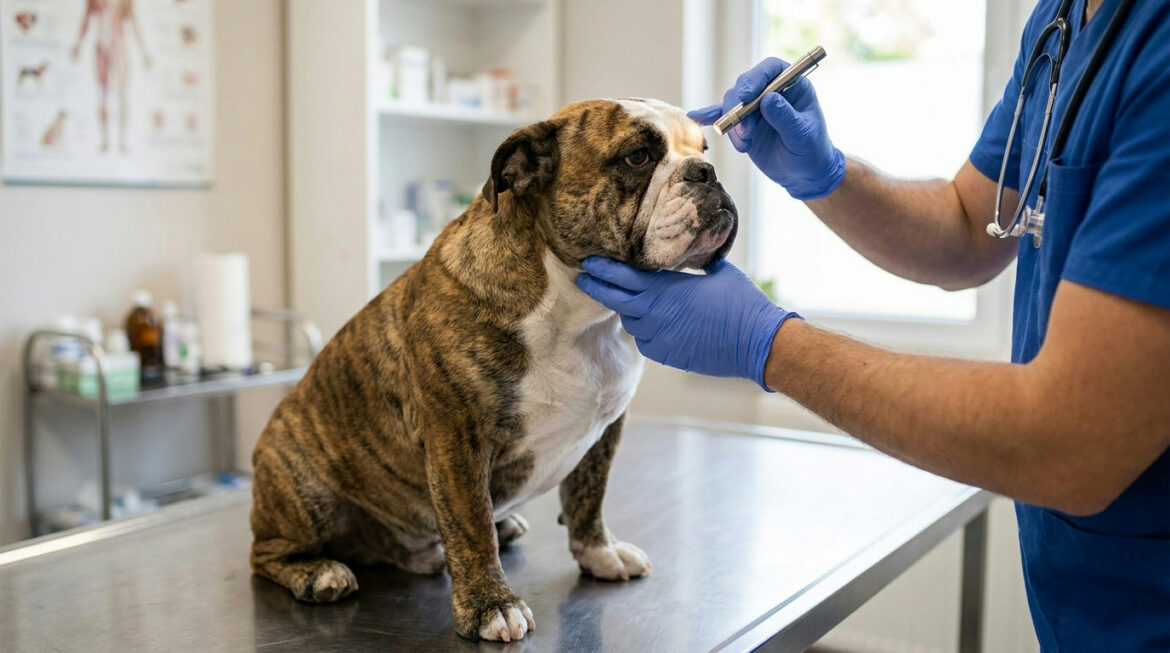 Close-up of a young English Bulldog's face during a gentle vet eye check, illustrating cherry eye in bulldogs