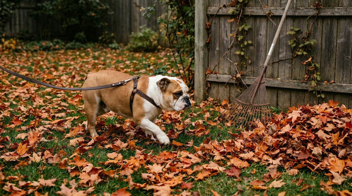 English Bulldog sniffing autumn leaves on a lawn, illustrating fall dangers for bulldogs