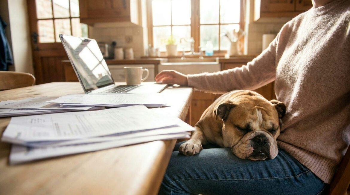 Owner reviewing paperwork beside a relaxed English Bulldog, illustrating pet insurance for bulldogs
