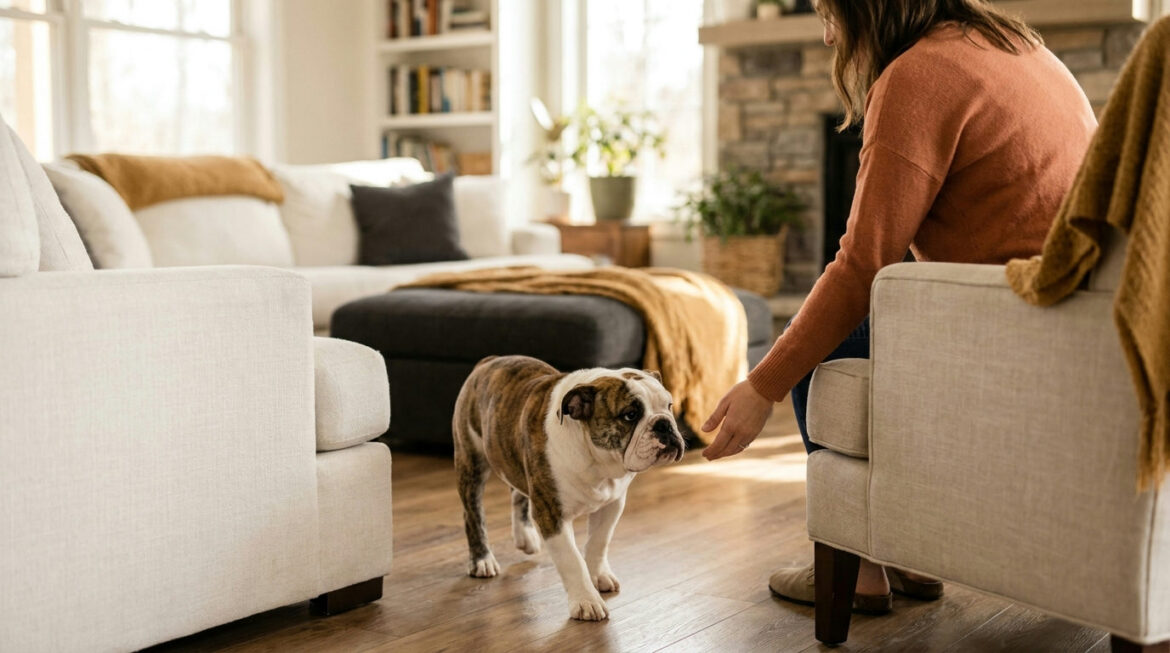English Bulldog puppy practising gentle handling: train bulldog puppy basics guide